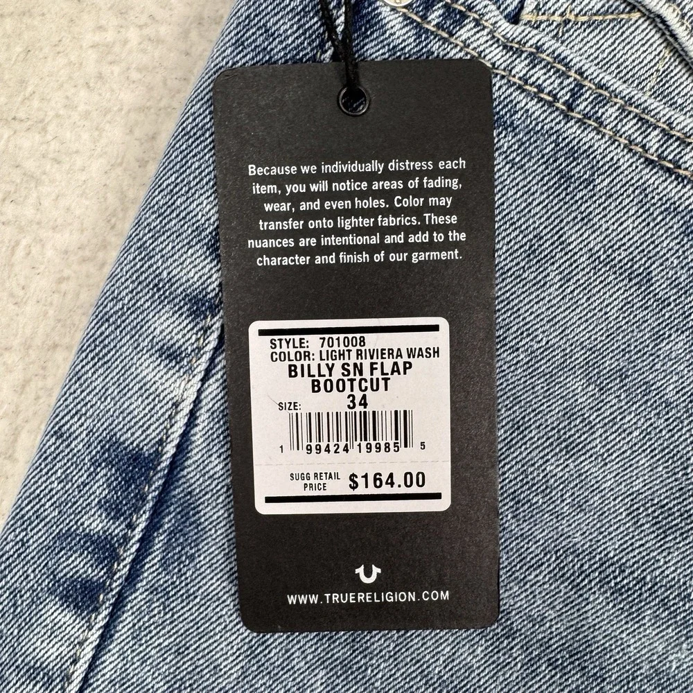 True Religion Jeans Mens 34 (36x34) Billy Relaxed Bootcut Flap Pocket NWT $164